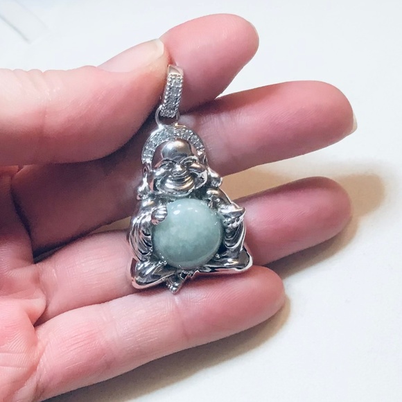 Sterling Silver Genuine Green Jade Smiling Buddha Pendant - Picture 12 of 14